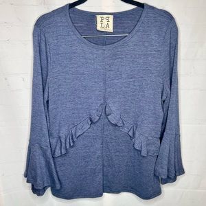 PPLA Women’s Veli Knit Top Blue Ruffle Blouse Bell Sleeve Size M